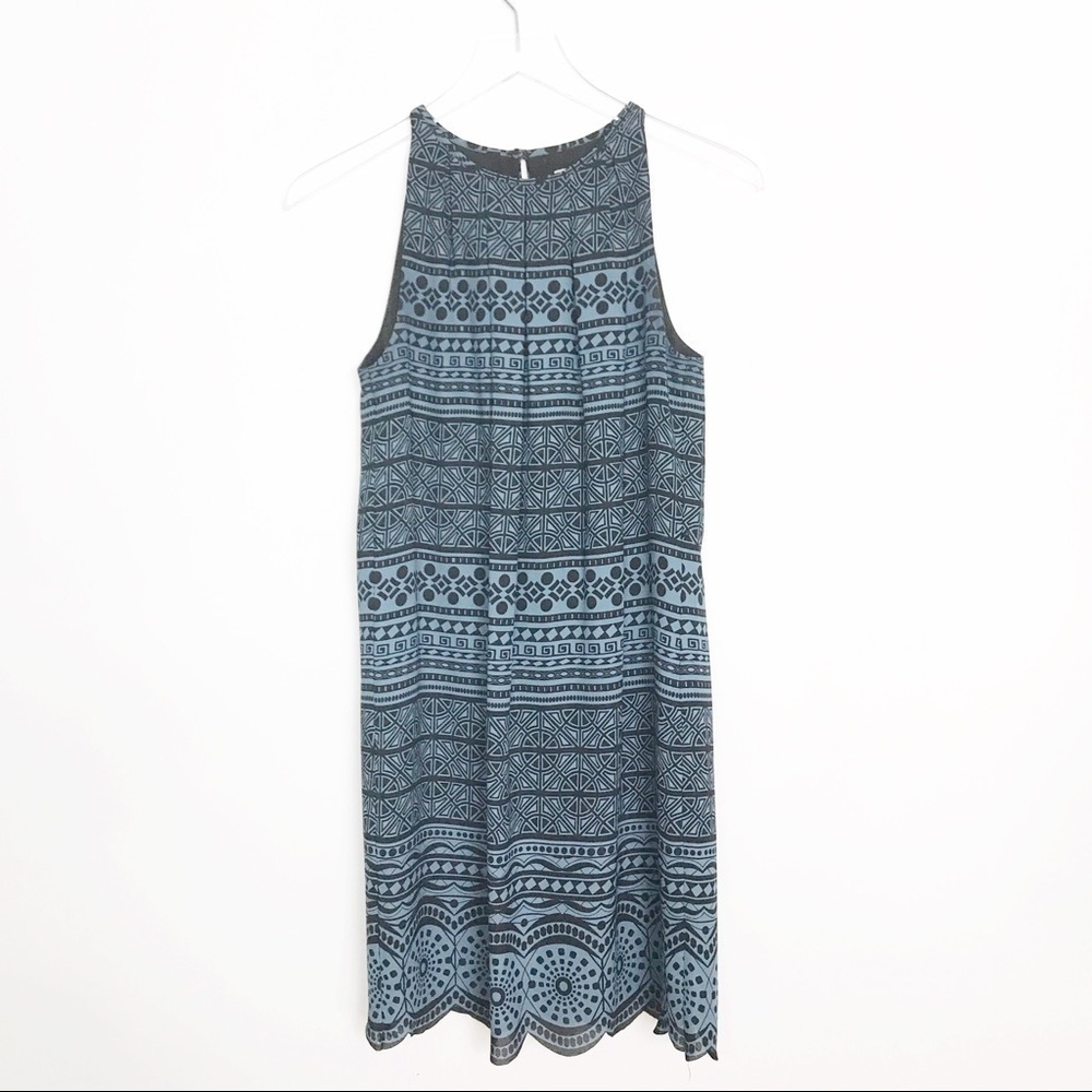Loft black/blue print dress scalloped hem size 2
